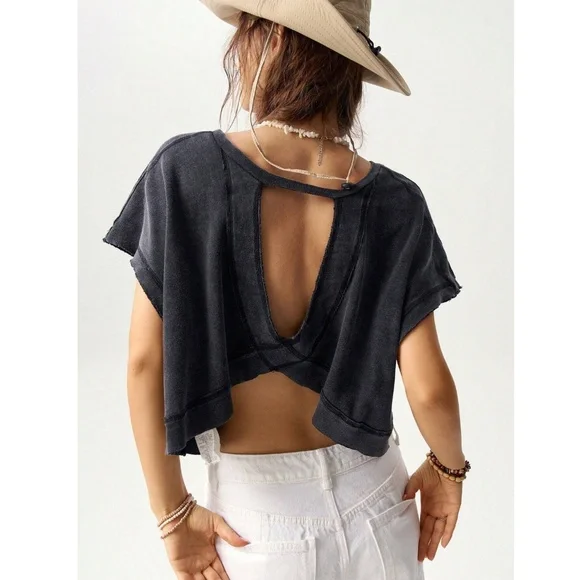 Black Cotton Oversized Cropped Muscle Tee Shirt Raw Hem and Inside Out Stitches - Picture 9 of 11